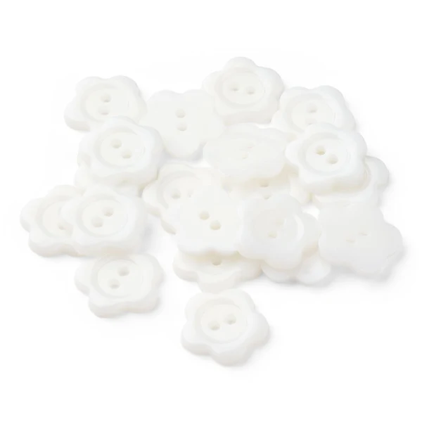 HobbyArts Plastic Buttons, White Flower, 15 mm, 20 pcs