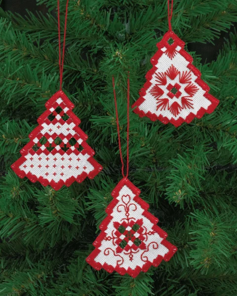 Embroidery Kit Hardanger Christmas tree red x 3 7.5 x 8 cm / 2.95 x 3.15 in