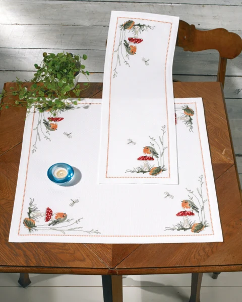 Embroidery Kit Robin and Mushroom 56 x 56 cm / 22.05 x 22.05 in