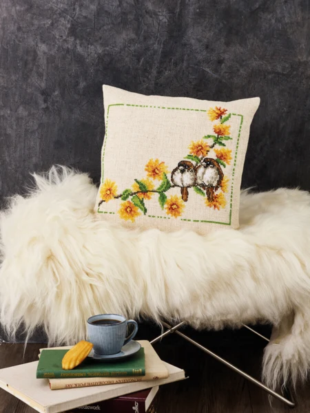 Embroidery Kit Ranunculus & Sparrows 40 x 40 cm / 15.75 x 15.75 in