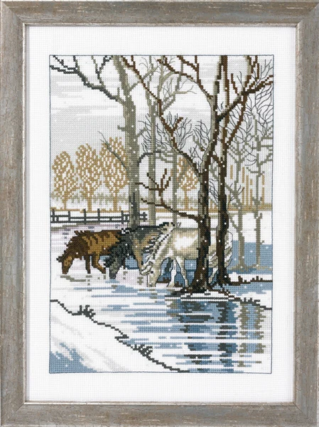 Embroidery Kit 3 horses by the stream 35 x 25 cm / 13.78 x 9.84 in R5797