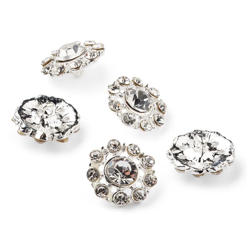 HobbyArts Rhinestone Buttons, White/Silver, 13 mm, 5 pcs
