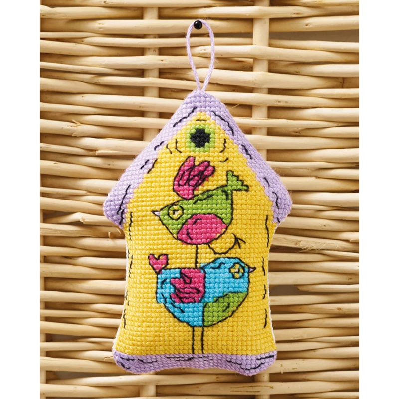 Birdhouse yellow 2 birds 7x9cm