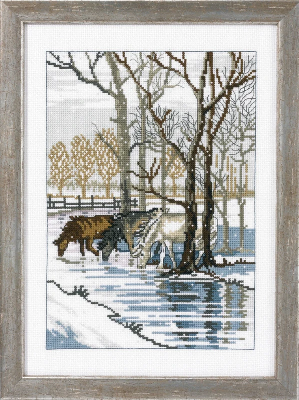 Embroidery Kit 3 horses by the stream 35 x 25 cm / 13.78 x 9.84 in R5797