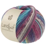 Lana Grossa Landlust Die Sockenwolle 619 Saffron yellow/Dark blue/-grey/Light grey/Turquoise/Blackberry/Bordeaux striped