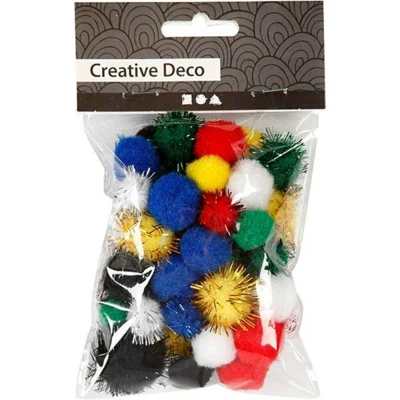 Mini Pompoms, 15 + 20mm, 48pcs, ass. colours